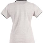 Back view of a light grey polo shirt with black trim on the collar and sleeves.