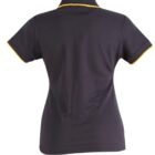 Black polo shirt with yellow trim, viewed from the back.