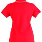 Red short-sleeve polo shirt with white trim, back view.