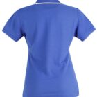 Back view of a plain blue polo shirt with white trim on sleeves and collar.