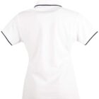Back view of a plain white polo shirt with dark trim on the collar and sleeves.