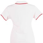 Back view of a white polo shirt with red accents on the collar and sleeves.