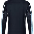 Back view of a long-sleeve black jacket with light blue and white accents.