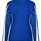 Blue long-sleeve shirt with white stripes on the sleeves, viewed from the back.