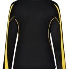 Rear view of a black long-sleeve shirt with yellow accents on the sleeves.