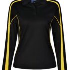 Black polo shirt with long sleeves and yellow stripes along the arms.