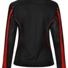 Black jacket with red stripes along the sleeves and mesh paneling on the sides, viewed from the back.