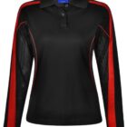 Black and red long-sleeve polo shirt with mesh details on sleeves.