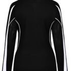 Back view of a black long-sleeve sports jersey with white stripes down the arms.