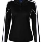Black long-sleeve polo shirt with white stripes on sleeves and shoulders.