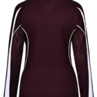 Back view of a maroon sports jacket with white stripes on sleeves.