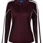 Maroon long-sleeve polo shirt with white stripes on sleeves and front.
