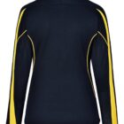 Back view of a black jacket with yellow stripes on the sleeves.