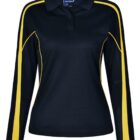Black polo shirt with long sleeves and yellow stripes on the shoulders and sides.
