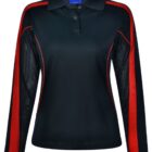 Black and red long-sleeve polo shirt with a collar and buttons.
