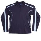 Dark blue long-sleeve polo shirt with light blue stripes on sleeves and sides.