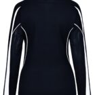 Back view of a black jacket with white stripes on the sleeves.