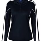 Black long-sleeve polo shirt with white stripes on sleeves.