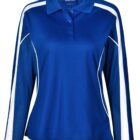 Blue long-sleeve polo shirt with white side stripes.