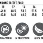 Size chart and features of a ladies long sleeve polo with icons and measurements.