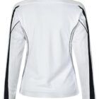 Back view of a white jacket with black stripes on the sleeves.