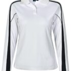 White long-sleeve polo shirt with black side stripes and collar buttons, front view.
