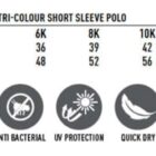Size chart and features for kids polo shirt: TrueDry fabric, moisture-wicking, antibacterial, UV protection.