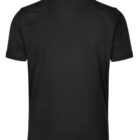 Back view of a plain black polo shirt with a collar.