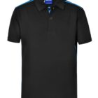 Black polo shirt with blue stripes on the shoulders, featuring a buttoned collar.