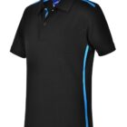 Black polo shirt with blue accents and collar trim.