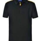 Black polo shirt with yellow trim and buttons.