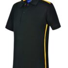 Black polo shirt with yellow stripes along the sides and shoulders, against a white background.