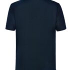 Back view of a plain black polo shirt with short sleeves.