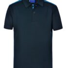 Navy blue polo shirt with a collar and buttons, featuring light blue shoulder stripes.