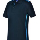 Black polo shirt with blue accents on the shoulders and sides, displayed on a white background.