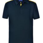 Dark polo shirt with yellow shoulder accents and buttoned neck.