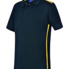 Dark blue polo shirt with yellow stripes on shoulders and sides.