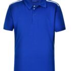 Blue polo shirt with white shoulder stripes, front view.