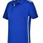 Blue polo shirt with white piping and short sleeves.