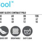 RapidCool kids polo size chart with features: moisture wicking, UV protection, quick dry.