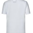 Back view of a plain white polo shirt with short sleeves and a collar.