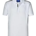 White polo shirt with a buttoned collar and dark stripe accents on the shoulders.