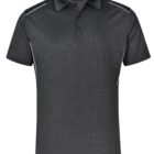 Dark gray polo shirt with white piping on shoulders, short sleeves, and a collar.