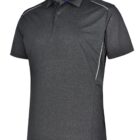 Dark gray polo shirt with white piping on the shoulders against a white background.