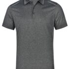 Gray polo shirt with a blue tag on the collar, displayed on a white background.