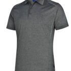 Dark gray polo shirt with short sleeves and subtle white piping on shoulders.