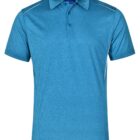 Blue short-sleeve polo shirt with collar and button placket.