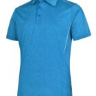 Blue short-sleeve polo shirt with white piping on the shoulders.