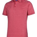 Red polo shirt with short sleeves and a collar, displayed against a white background.