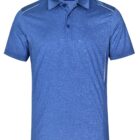 Blue polo shirt with subtle white piping on shoulders and a textured fabric.